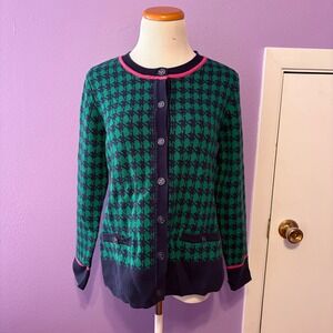 Appleseed Vintage‎ Houndstooth Cardigan Sweater Button Front Green Navy Small
